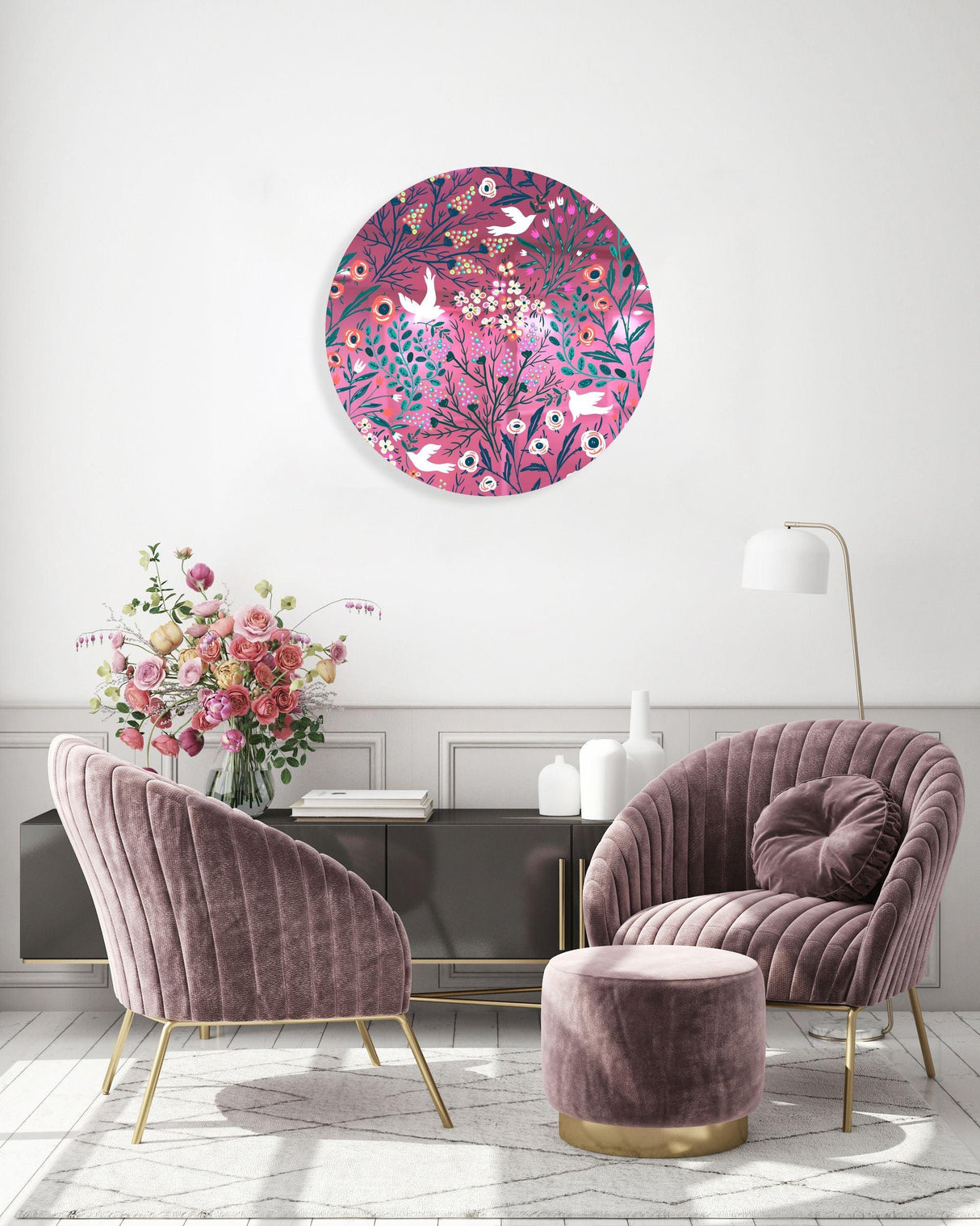Doves and Flowers Mirrored Acrylic Circles Contemporary Home DǸcor Printed acrylic 