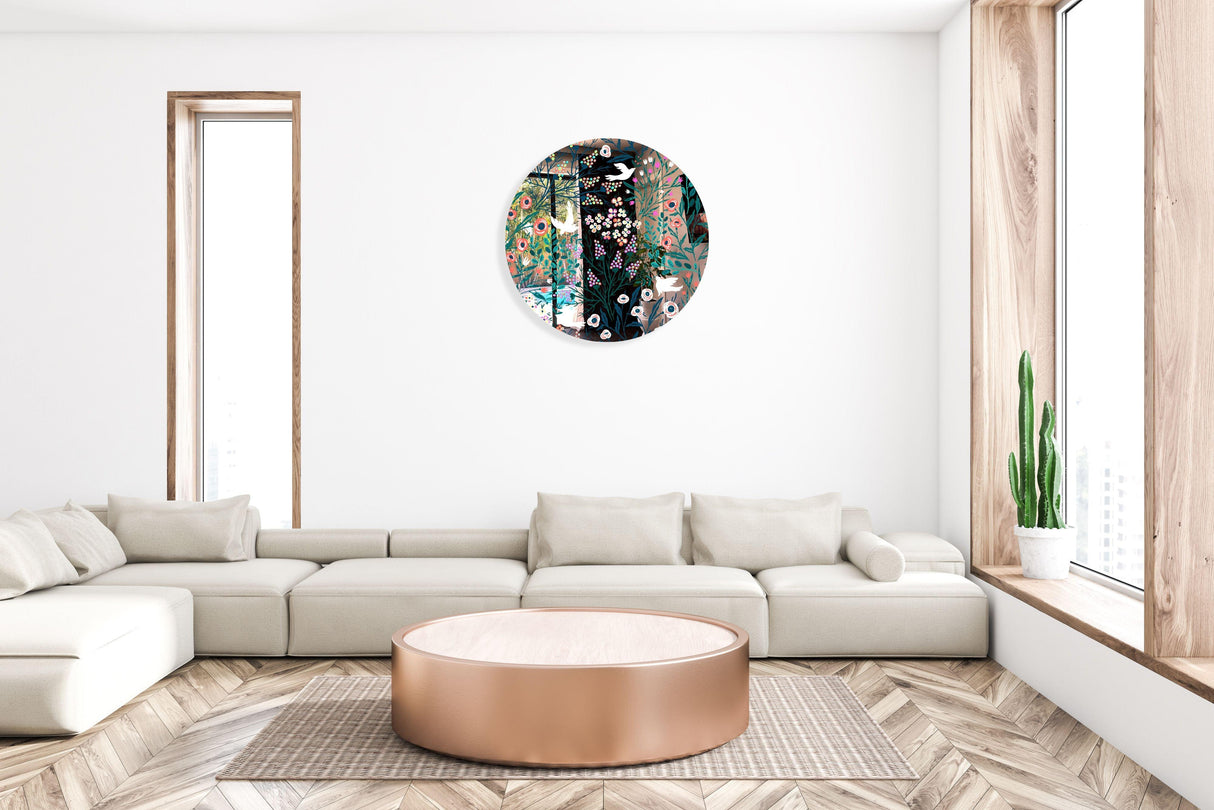 Doves and Flowers Mirrored Acrylic Circles Contemporary Home DǸcor Printed acrylic 