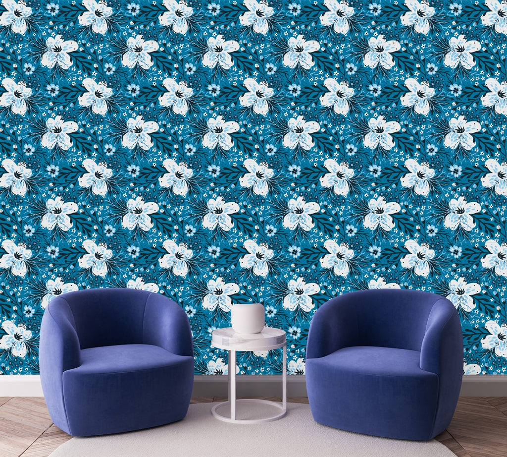 Blue Wallpaper with White Flowers uniQstiQ Floral