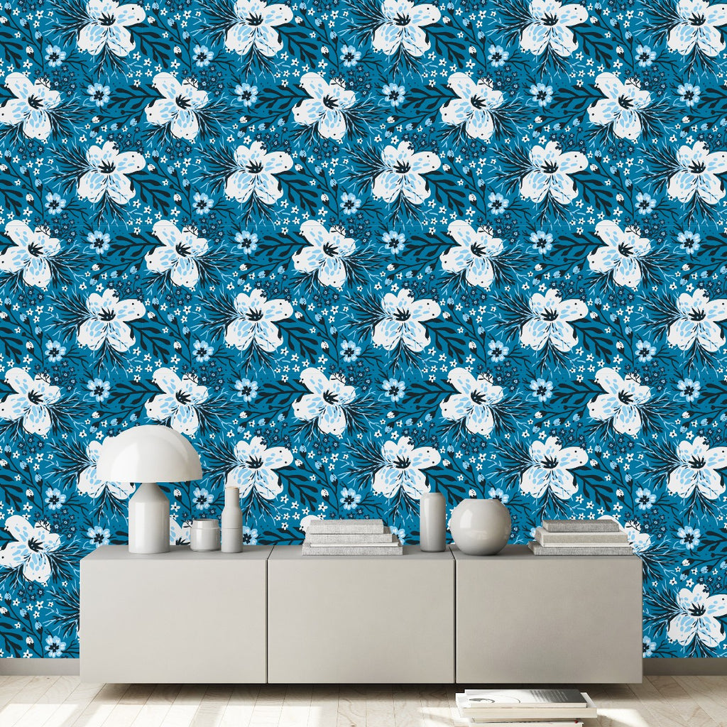 Blue Wallpaper with White Flowers uniQstiQ Floral