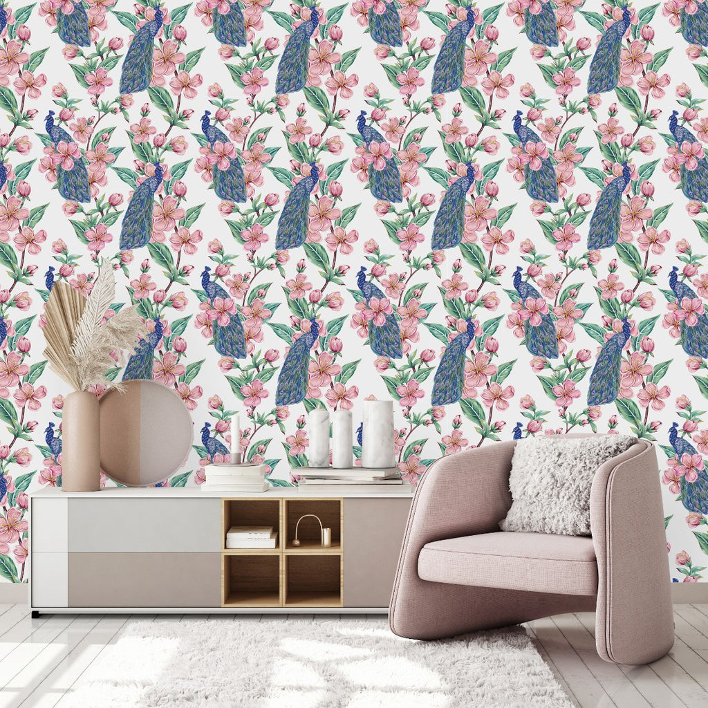 Peacocks with Pink Flowers Wallpaper uniQstiQ Floral
