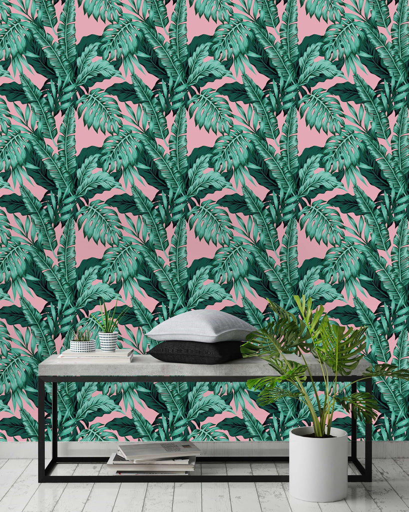 uniQstiQ Tropical Exotic Leaves on Pink Wallpaper Wallpaper