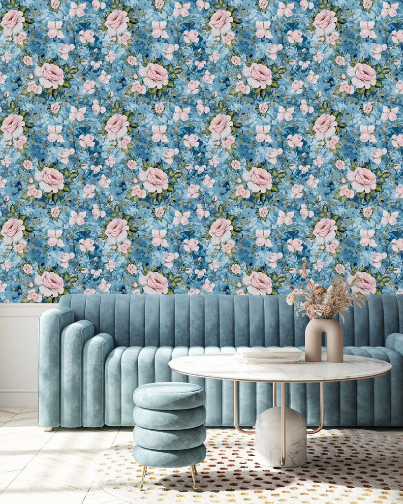 Pink Roses on Blue Wallpaper  uniQstiQ Floral