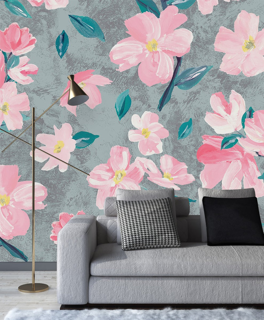 Grey Wallpaper with Pink Flowers uniQstiQ Murals