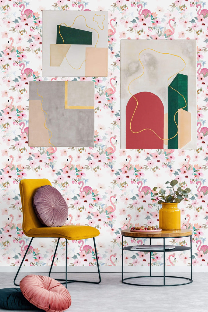 uniQstiQ Floral Flamingos with Peonies Wallpaper Wallpaper