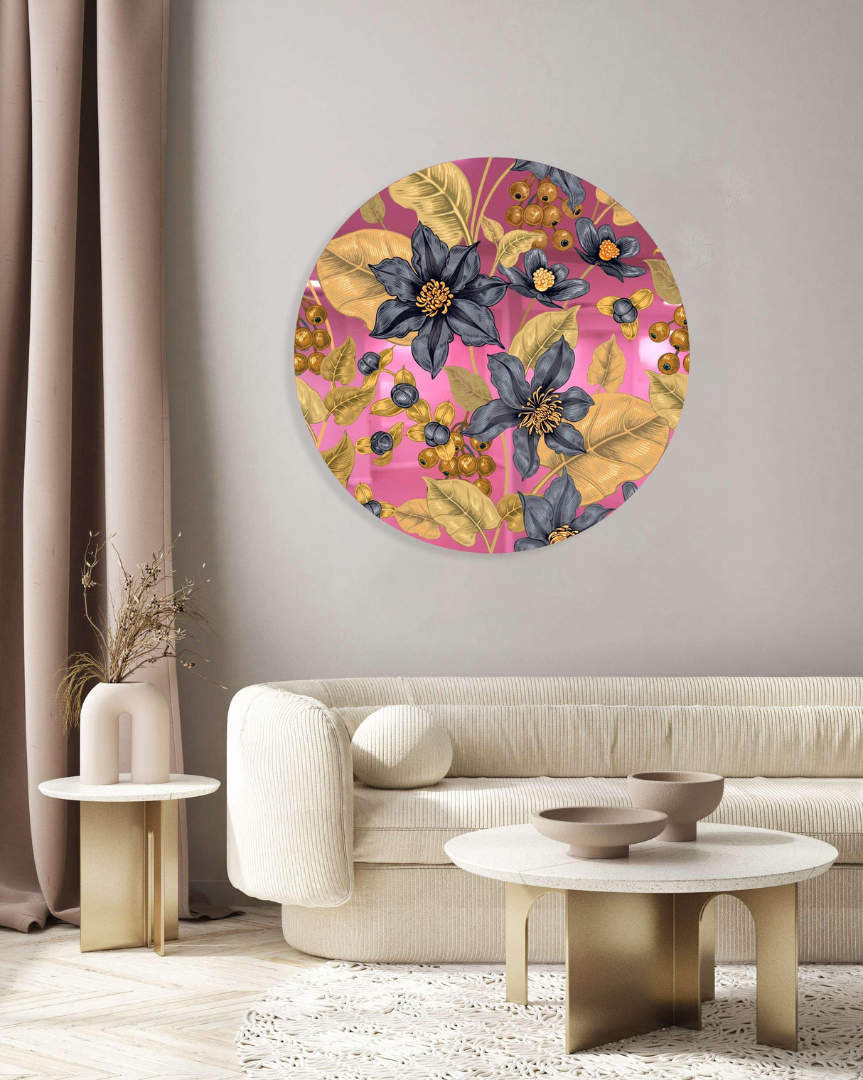 Flowers and Berries Mirrored Acrylic Circles Contemporary Home DǸcor Printed acrylic 
