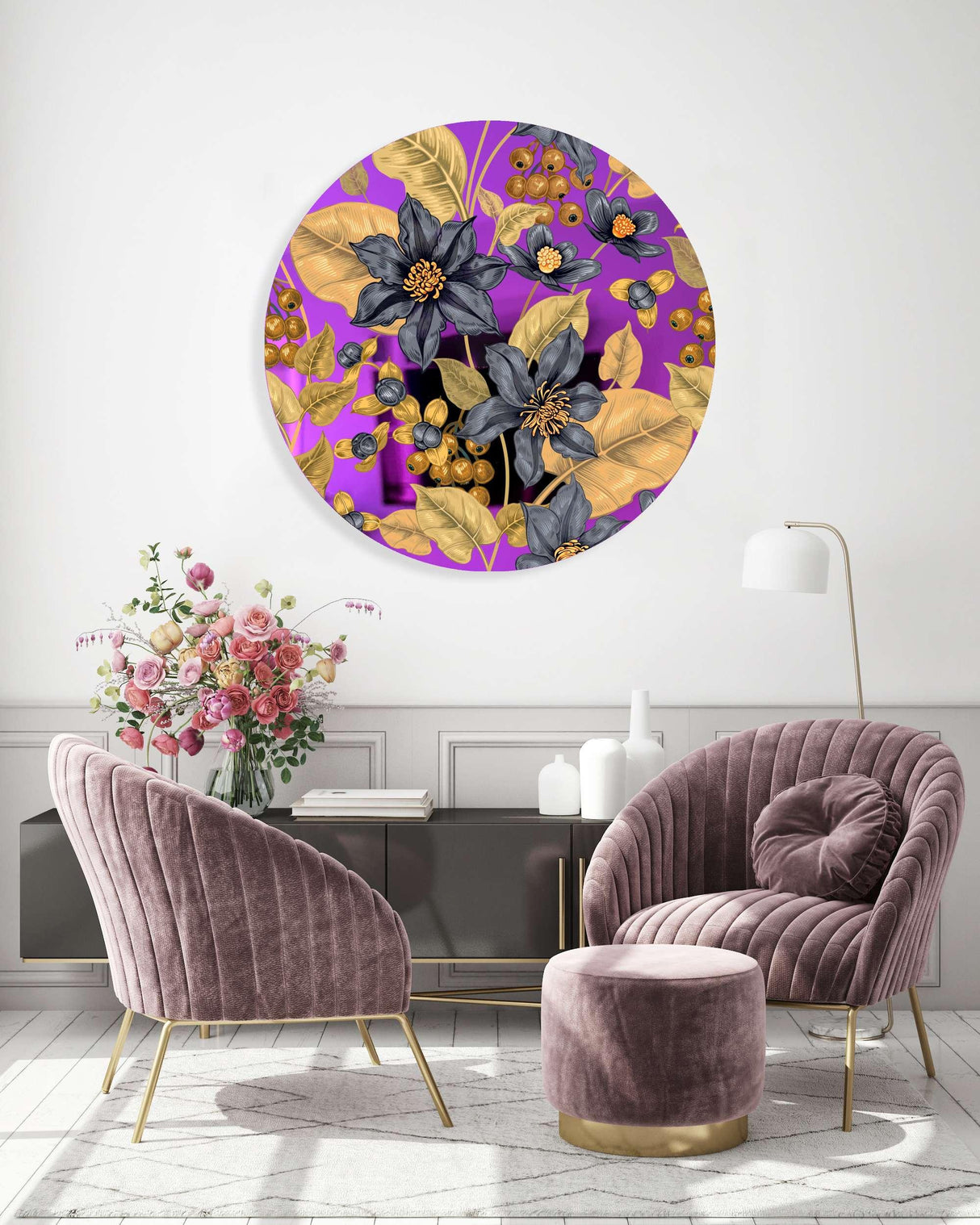 Flowers and Berries Mirrored Acrylic Circles Contemporary Home DǸcor Printed acrylic 