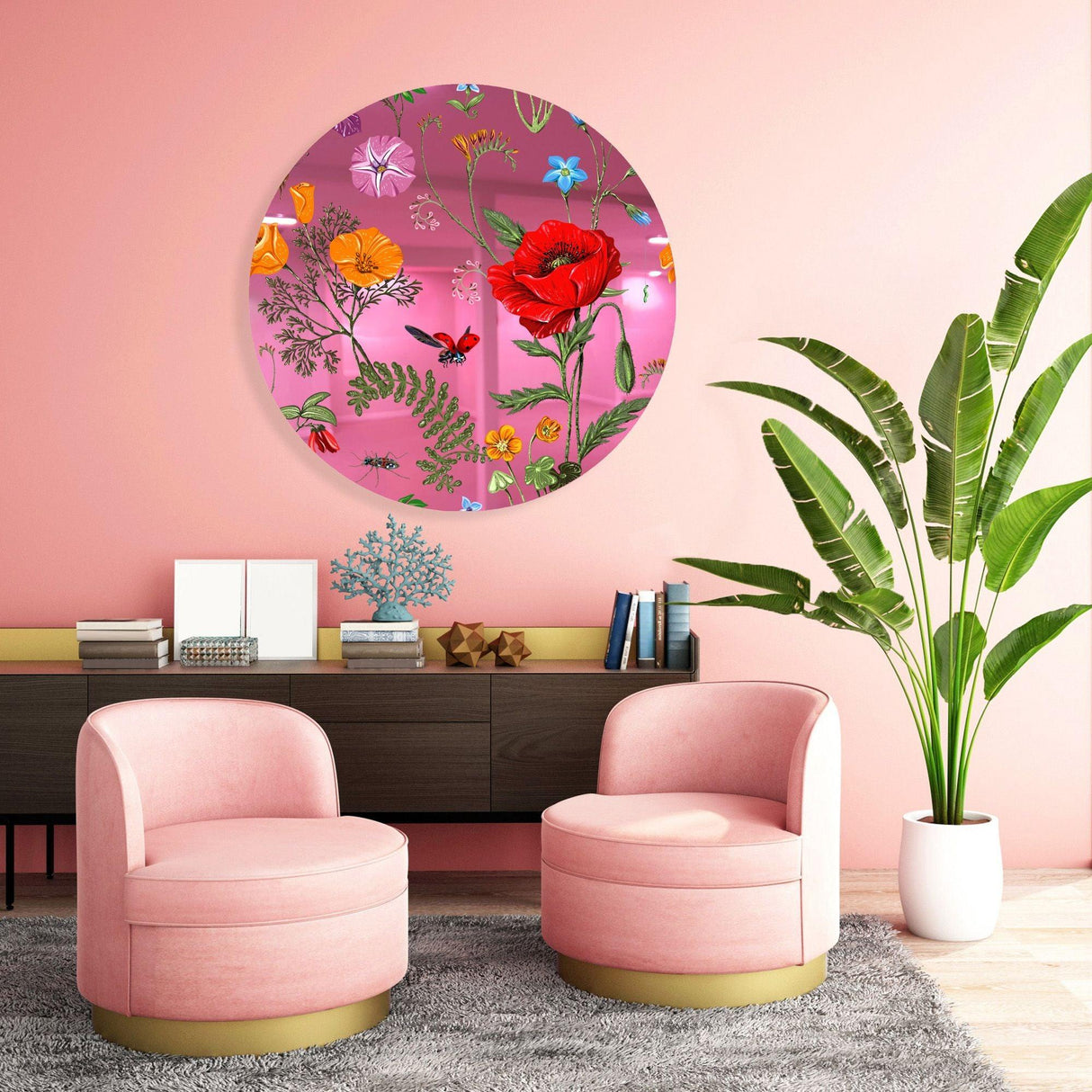 Flowers and Butterflies Mirrored Acrylic Circles Contemporary Home DǸcor Printed acrylic 