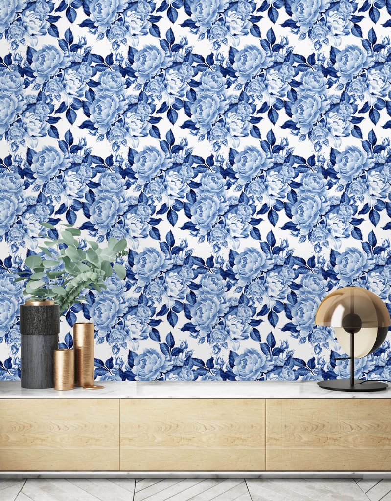 uniQstiQ Floral Flowers in Chinoiserie Style Blue Wallpaper Wallpaper
