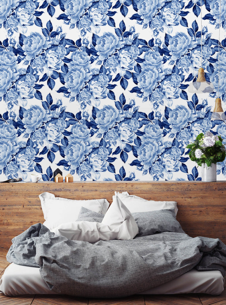 uniQstiQ Floral Flowers in Chinoiserie Style Blue Wallpaper Wallpaper