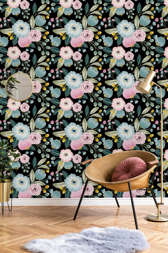 uniQstiQ Floral Flowers on Dark Background Wallpaper Wallpaper
