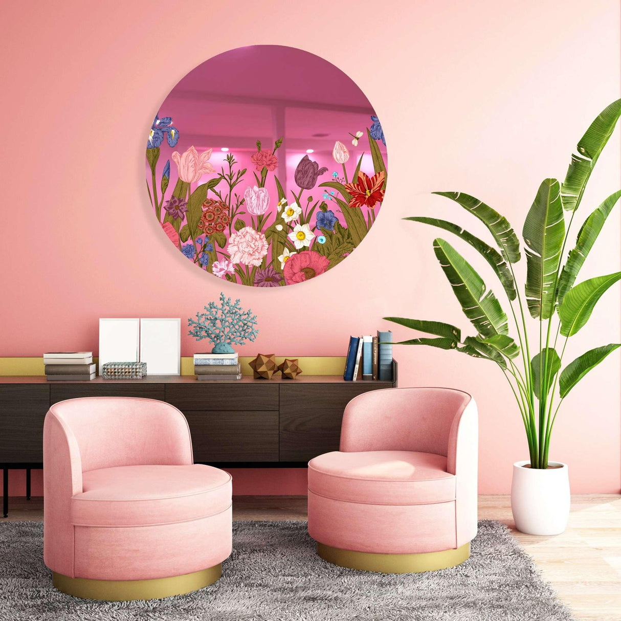 Flowers Mirrored Acrylic Circles Contemporary Home DǸcor Printed acrylic 