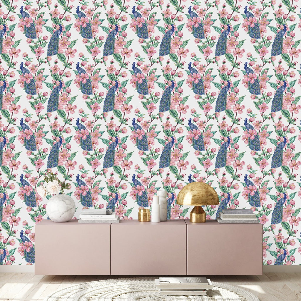 Peacocks with Pink Flowers Wallpaper uniQstiQ Floral
