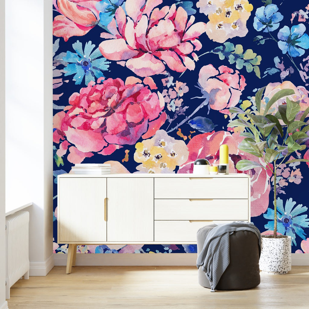 Pink and Dark Blue Flowers Wallpaper uniQstiQ Murals