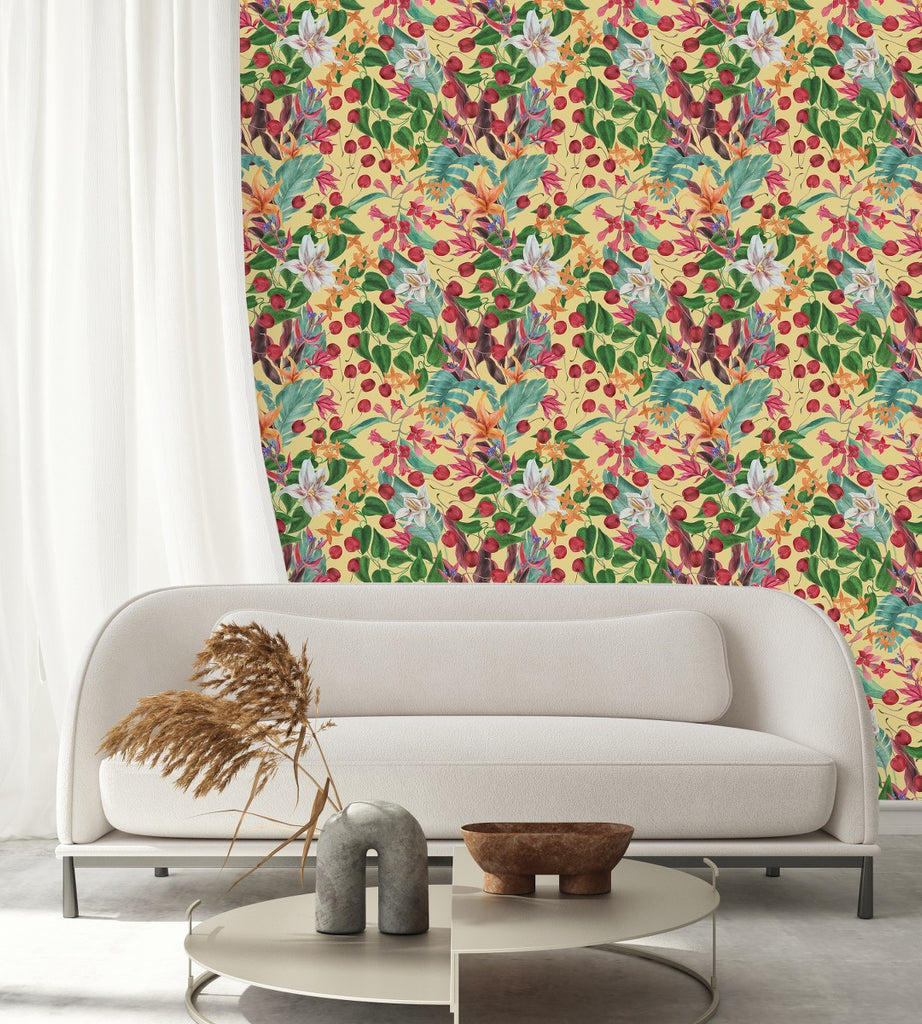 Yellow Wallpaper with Flowers and Cherries  uniQstiQ Floral