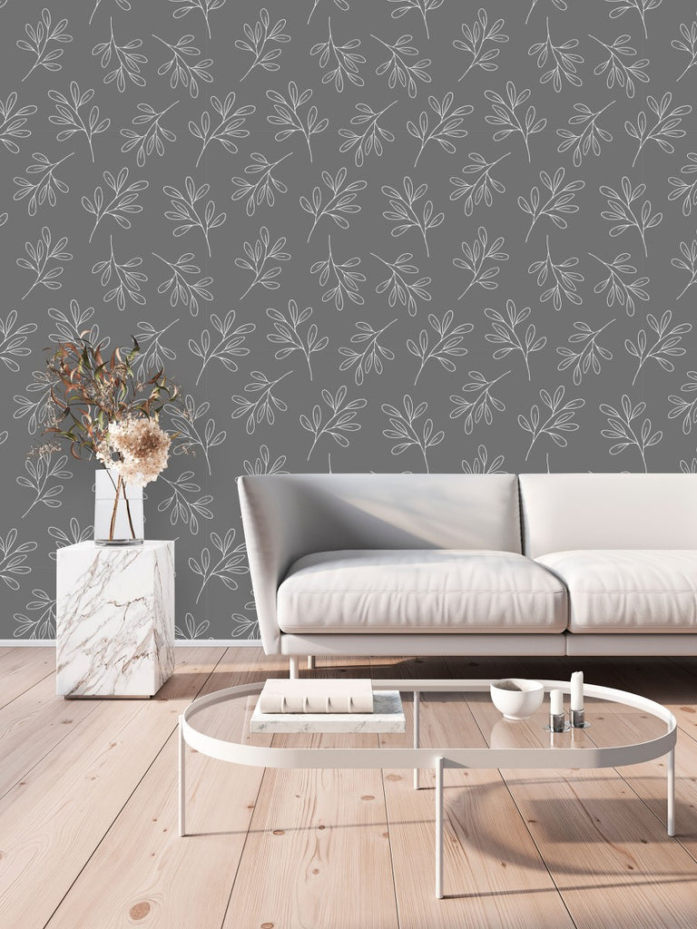 Grey Wallpaper with Leaves Pattern  uniQstiQ Botanical