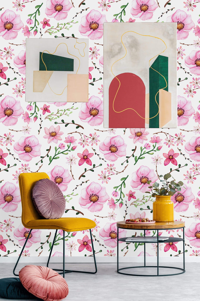 uniQstiQ Floral Garden Pink Flowers Watercolor Wallpaper Wallpaper
