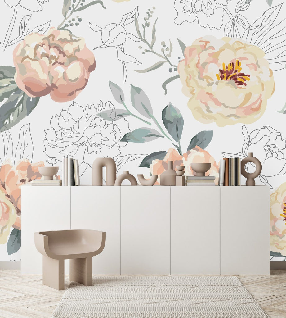 White Wallpaper with Beige Flowers uniQstiQ Murals