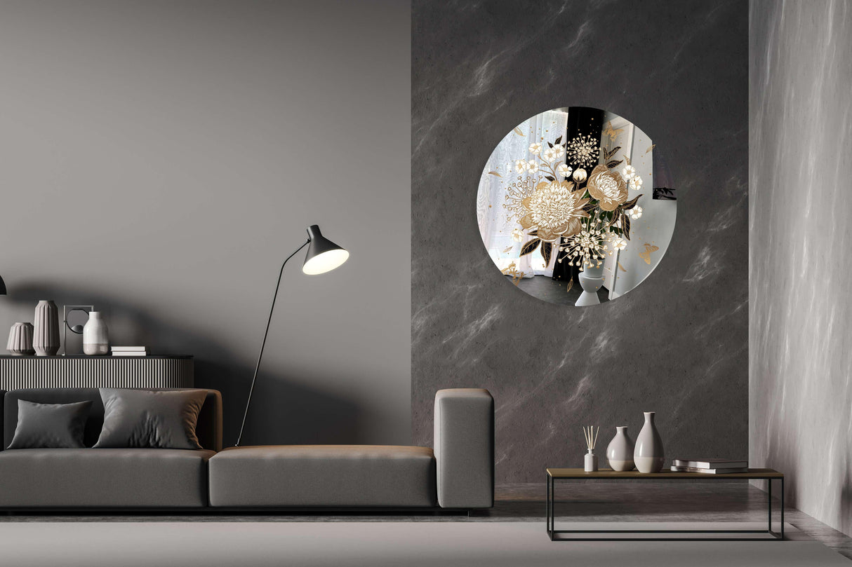 Gold Flowers Mirrored Acrylic Circles Contemporary Home DǸcor Printed acrylic 