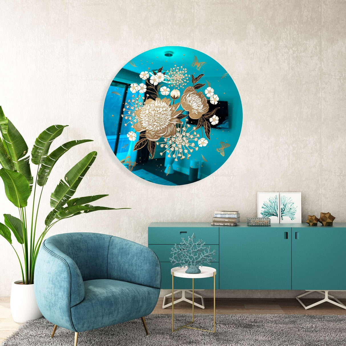 Gold Flowers Mirrored Acrylic Circles Contemporary Home DǸcor Printed acrylic 