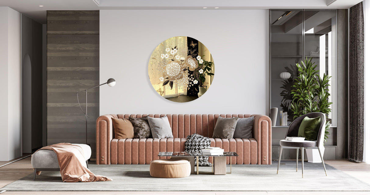 Gold Flowers Mirrored Acrylic Circles Contemporary Home DǸcor Printed acrylic 
