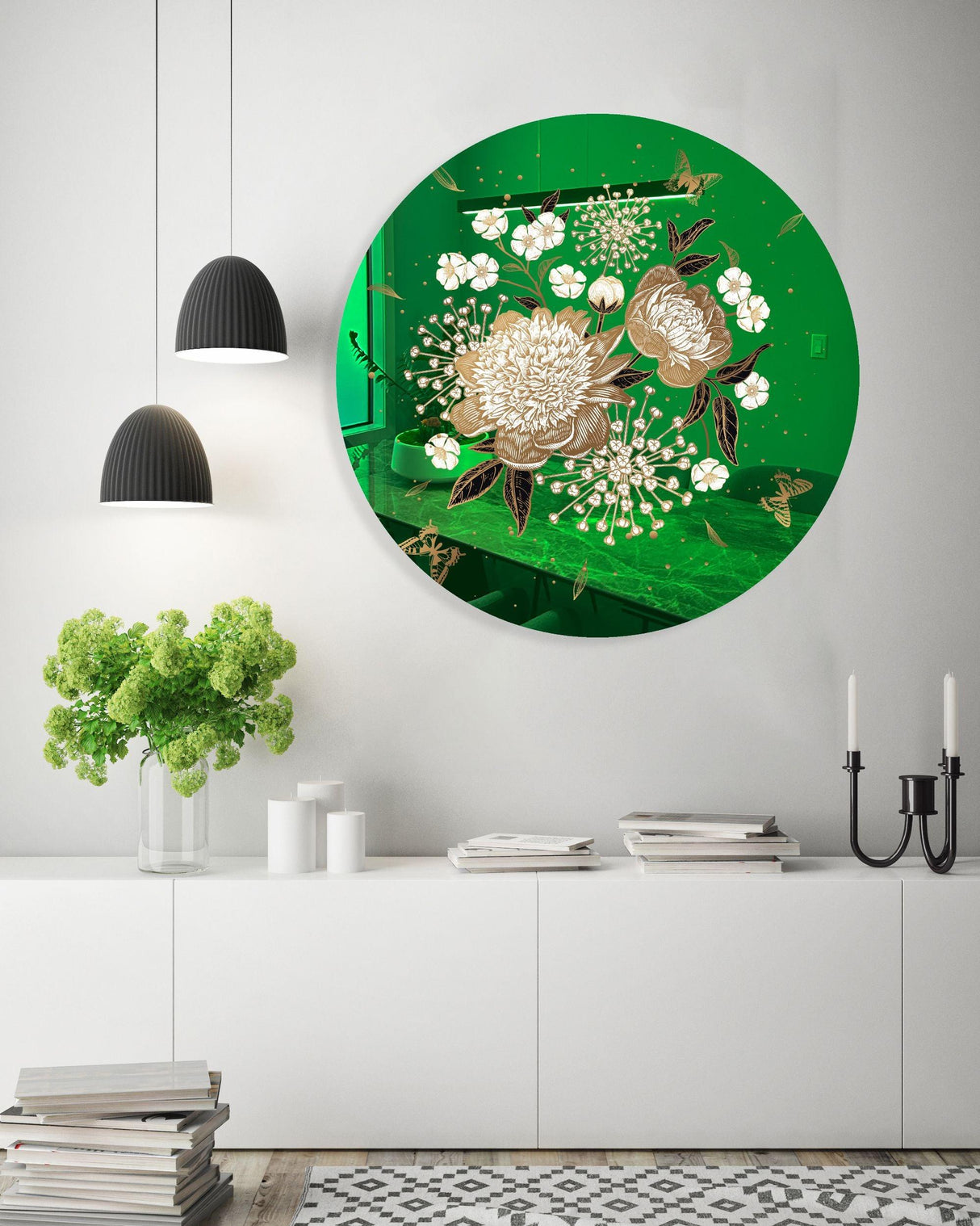 Gold Flowers Mirrored Acrylic Circles Contemporary Home DǸcor Printed acrylic 