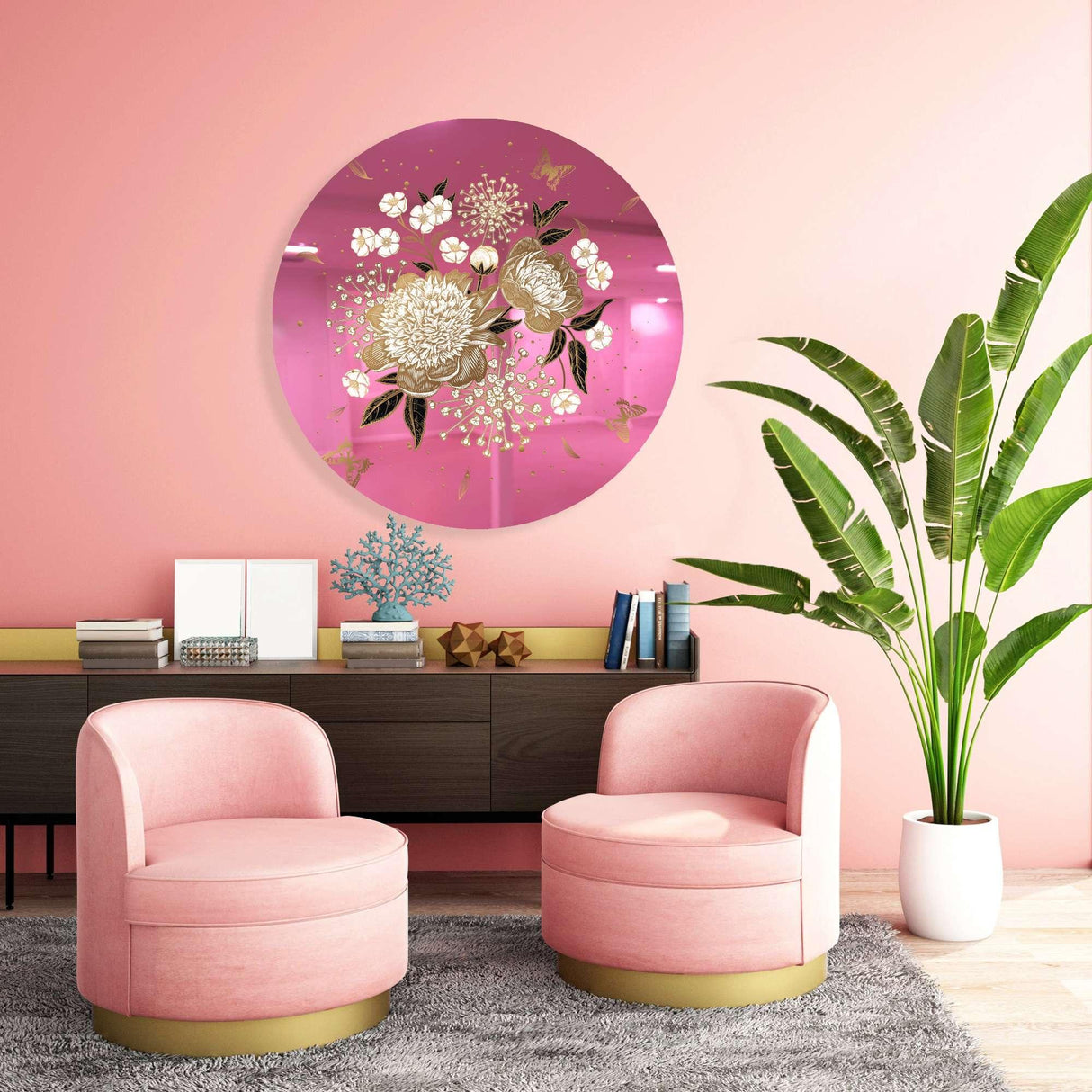 Gold Flowers Mirrored Acrylic Circles Contemporary Home DǸcor Printed acrylic 