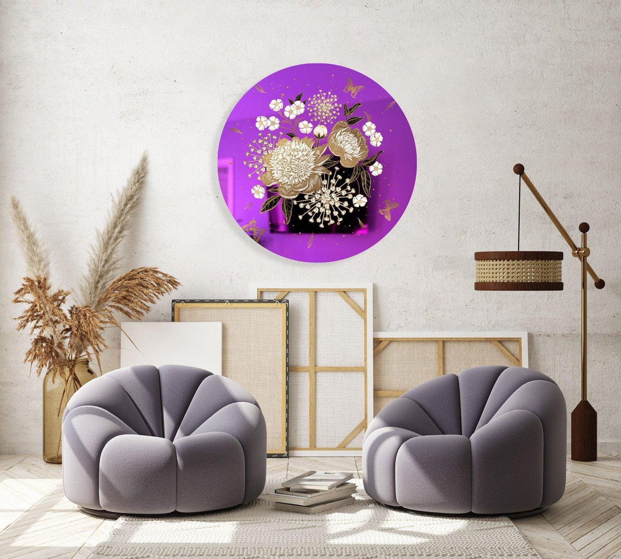 Gold Flowers Mirrored Acrylic Circles Contemporary Home DǸcor Printed acrylic 