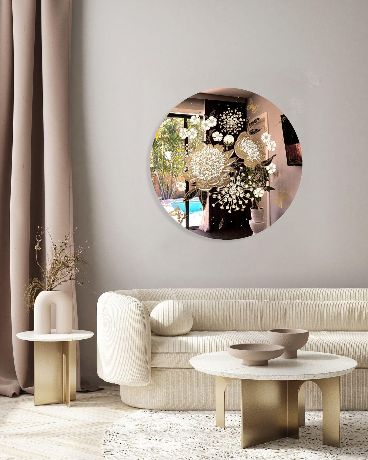Gold Flowers Mirrored Acrylic Circles Contemporary Home DǸcor Printed acrylic 