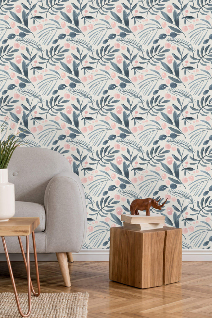 uniQstiQ Floral Gray Leaves and Berries Wallpaper Wallpaper