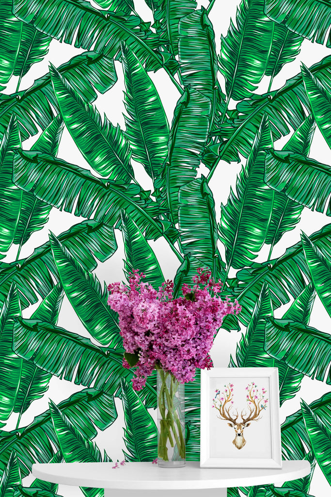 uniQstiQ Tropical Green Banana Leaves Wallpaper Wallpaper