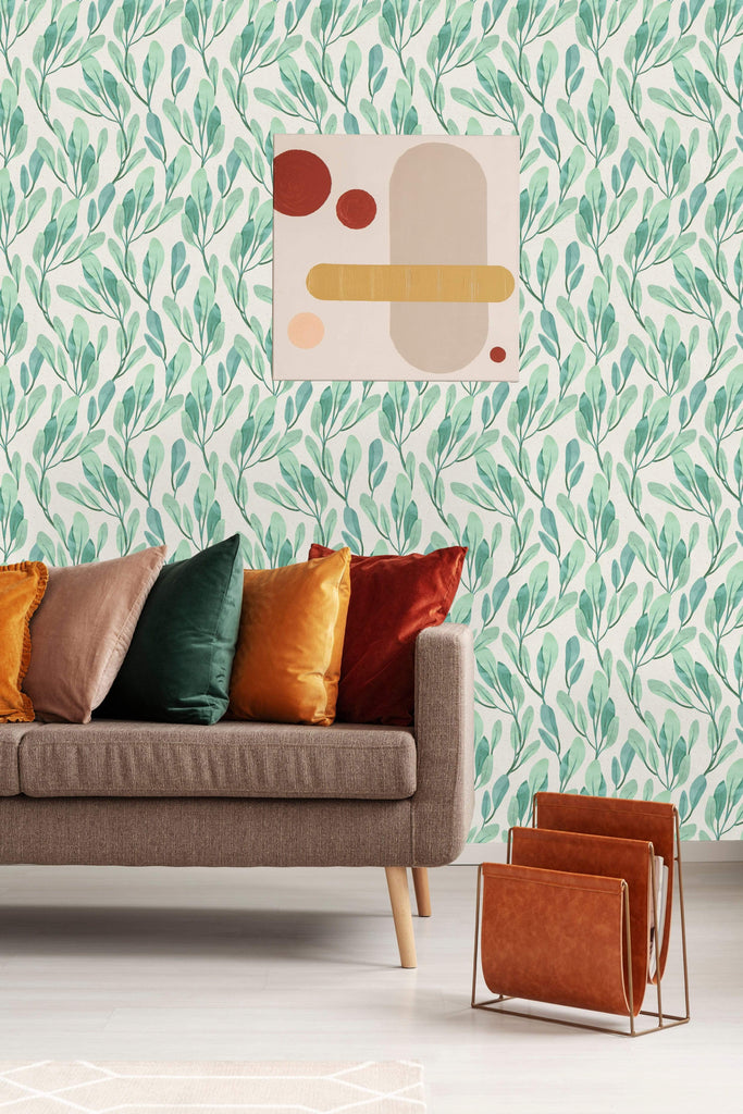 uniQstiQ Botanical Green Leaves Watercolor Style Wallpaper Wallpaper