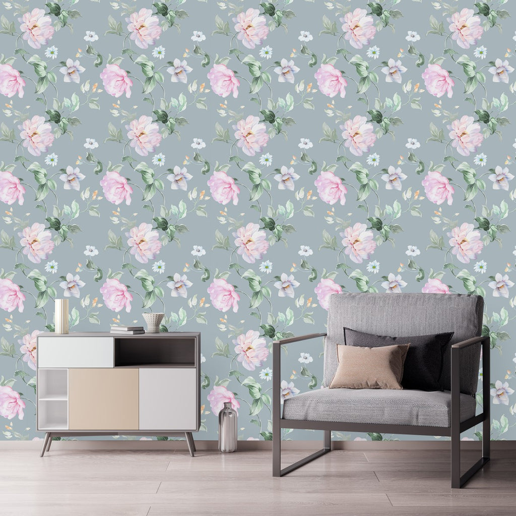 Grey Wallpaper with Pink Peonies uniQstiQ Floral