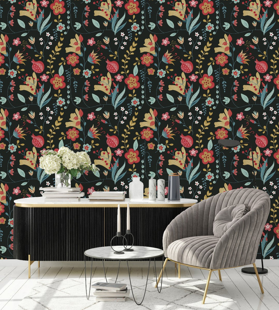 Dark Wallpaper with Fruits and Floral Pattern  uniQstiQ Vintage