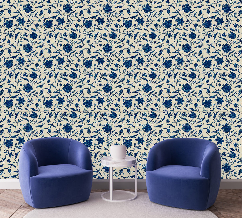 Blue Flowers on Beige Background Wallpaper  uniQstiQ Botanical