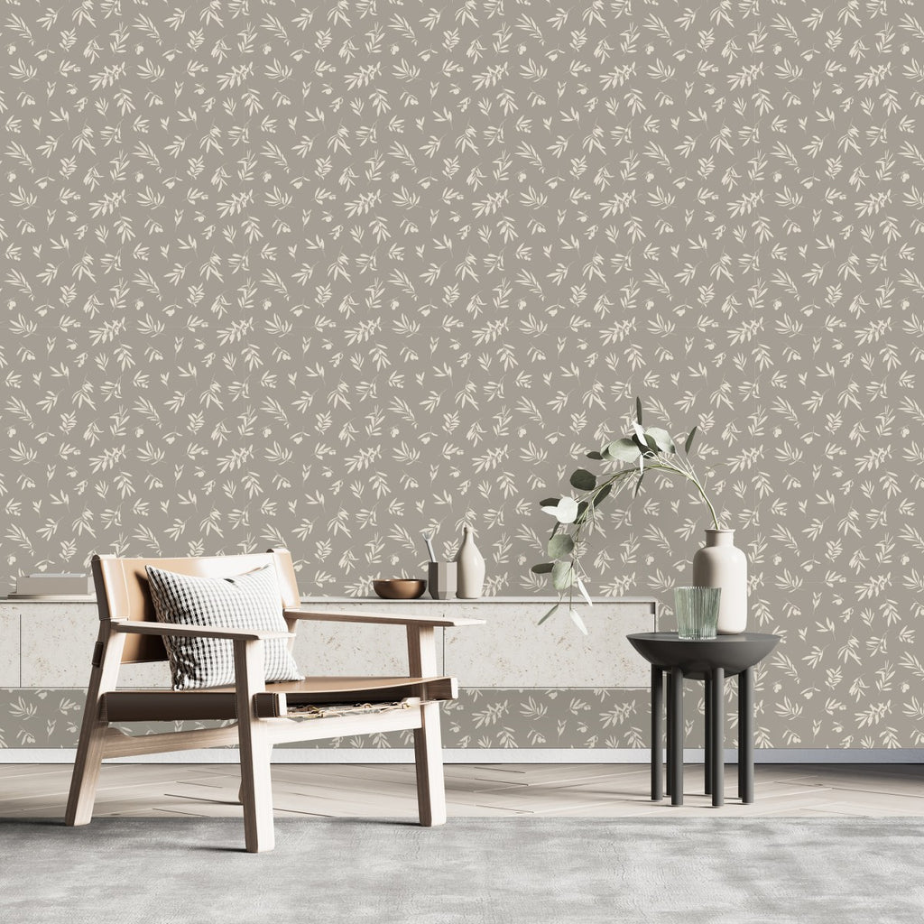 Grey Wallpaper with Olive Leaves  uniQstiQ Botanical