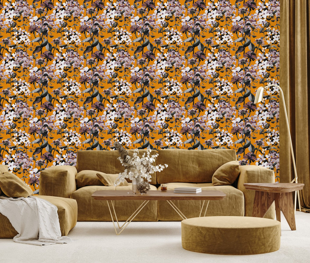 Orange Wallpaper with Flowers uniQstiQ Floral