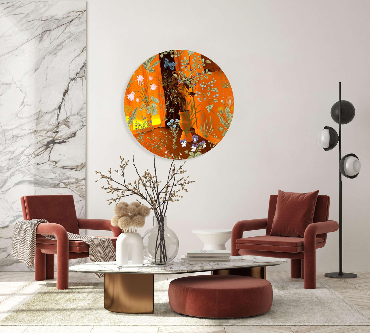Herbs and Wild Flowers Mirrored Acrylic Circles Contemporary Home DǸcor Printed acrylic 