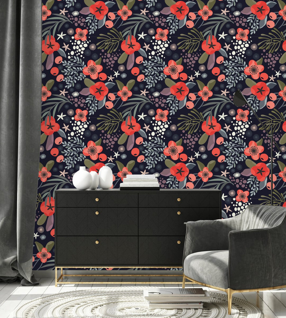 Dark Wallpaper with Red Flowers  uniQstiQ Floral
