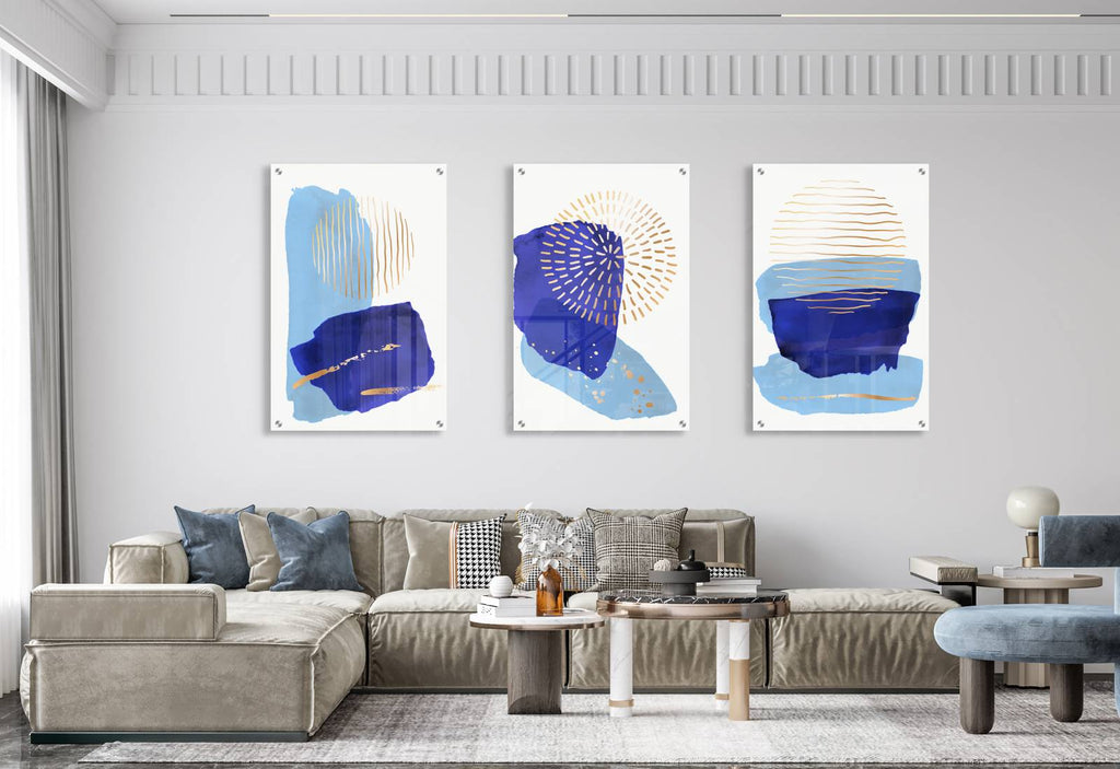 Geometrical Blue Design Set of 3 Prints Modern Wall Art Modern Artwork Image 1