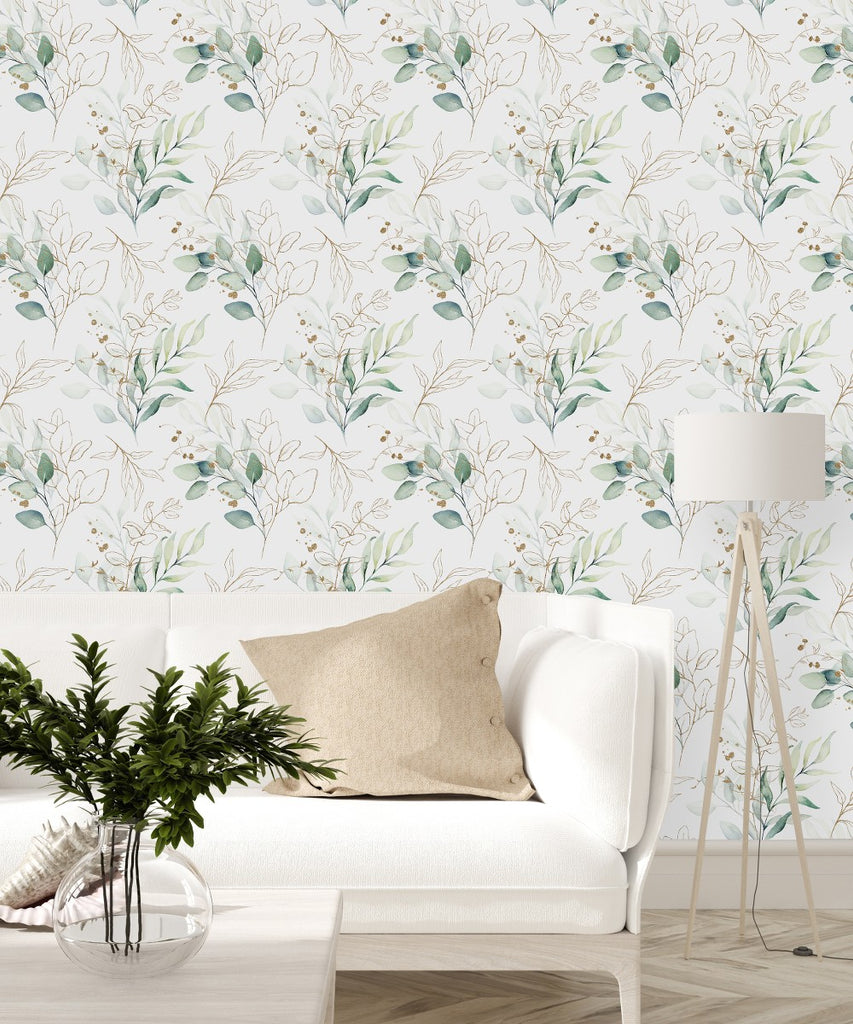 Green Leaves Wallpaper with Gold Contours uniQstiQ Botanical