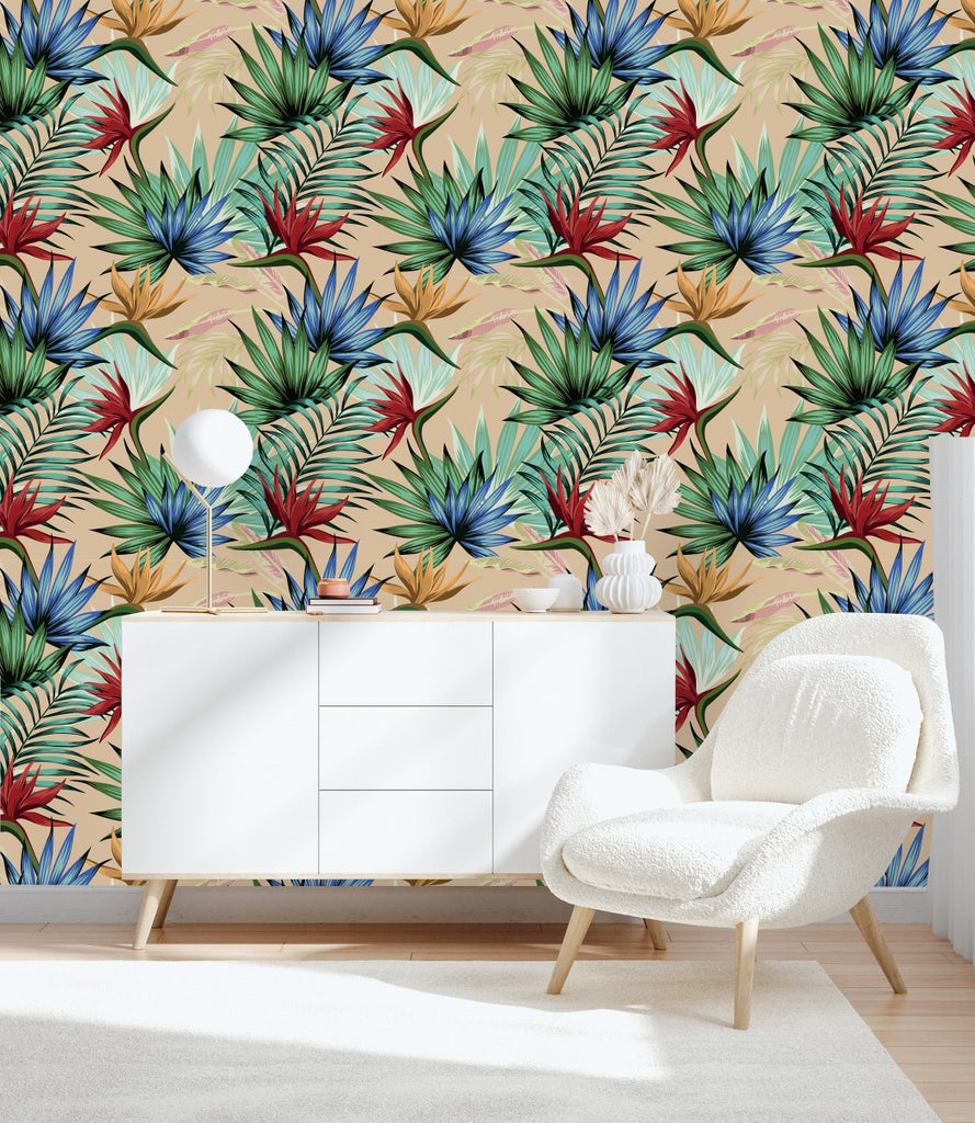 Tropical Leaves on Beige Background Wallpaper