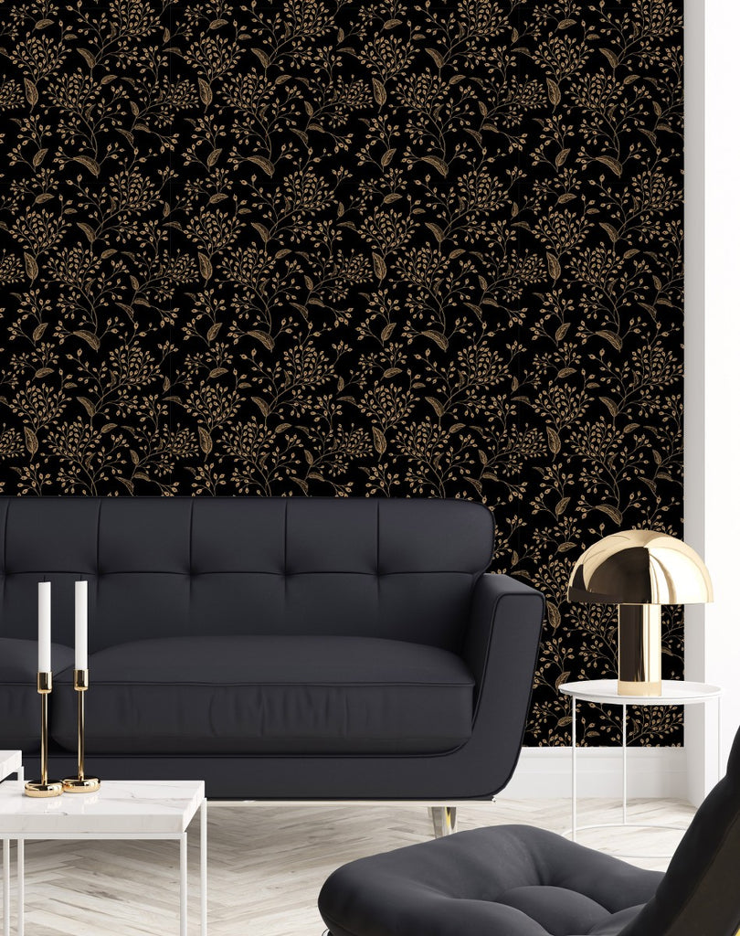 Black Wallpaper with Gold Leaves  uniQstiQ Floral