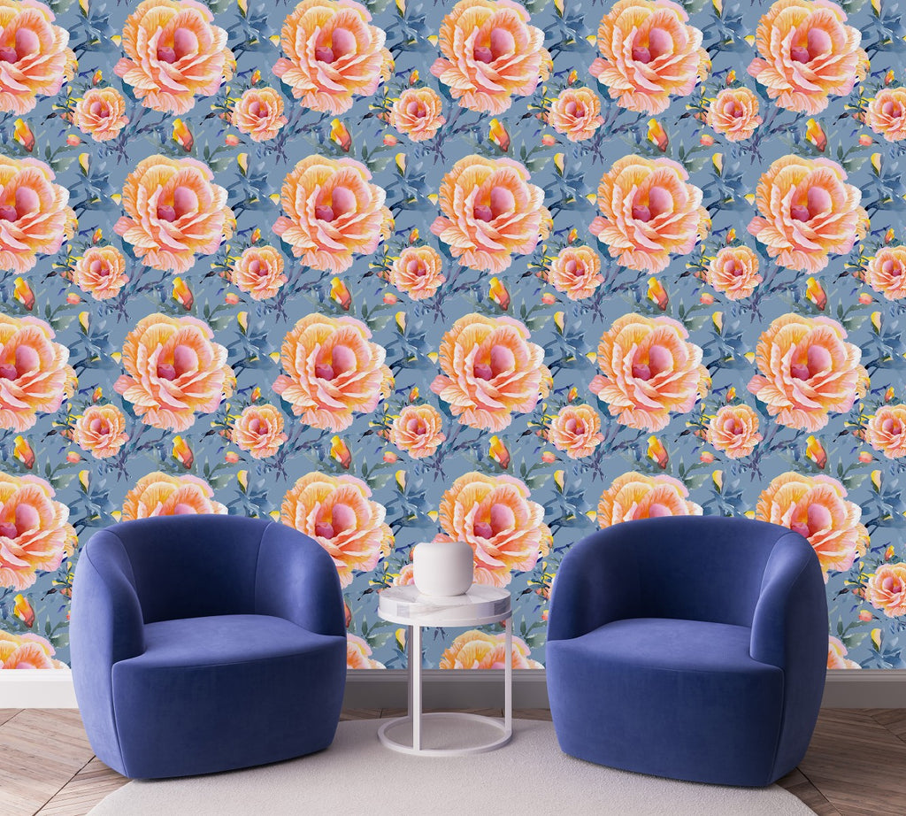 Blue Wallpaper with Roses uniQstiQ Floral