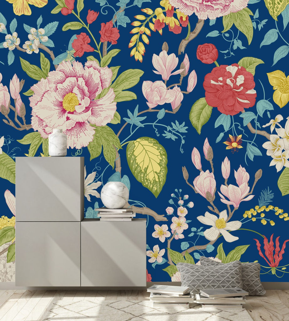 Blue Wallpaper with Flowers  uniQstiQ Murals