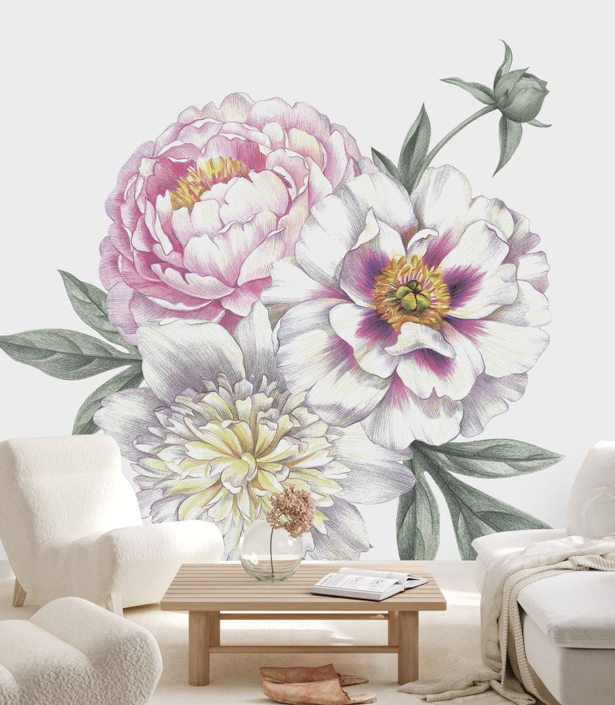 White Wallpaper with Three Flowers uniQstiQ Murals