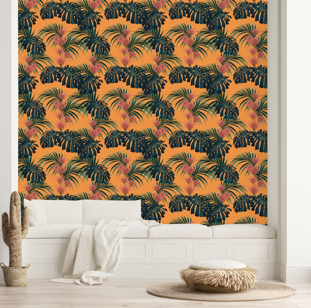 Orange Wallpaper with Tropical Leaves  uniQstiQ Tropical