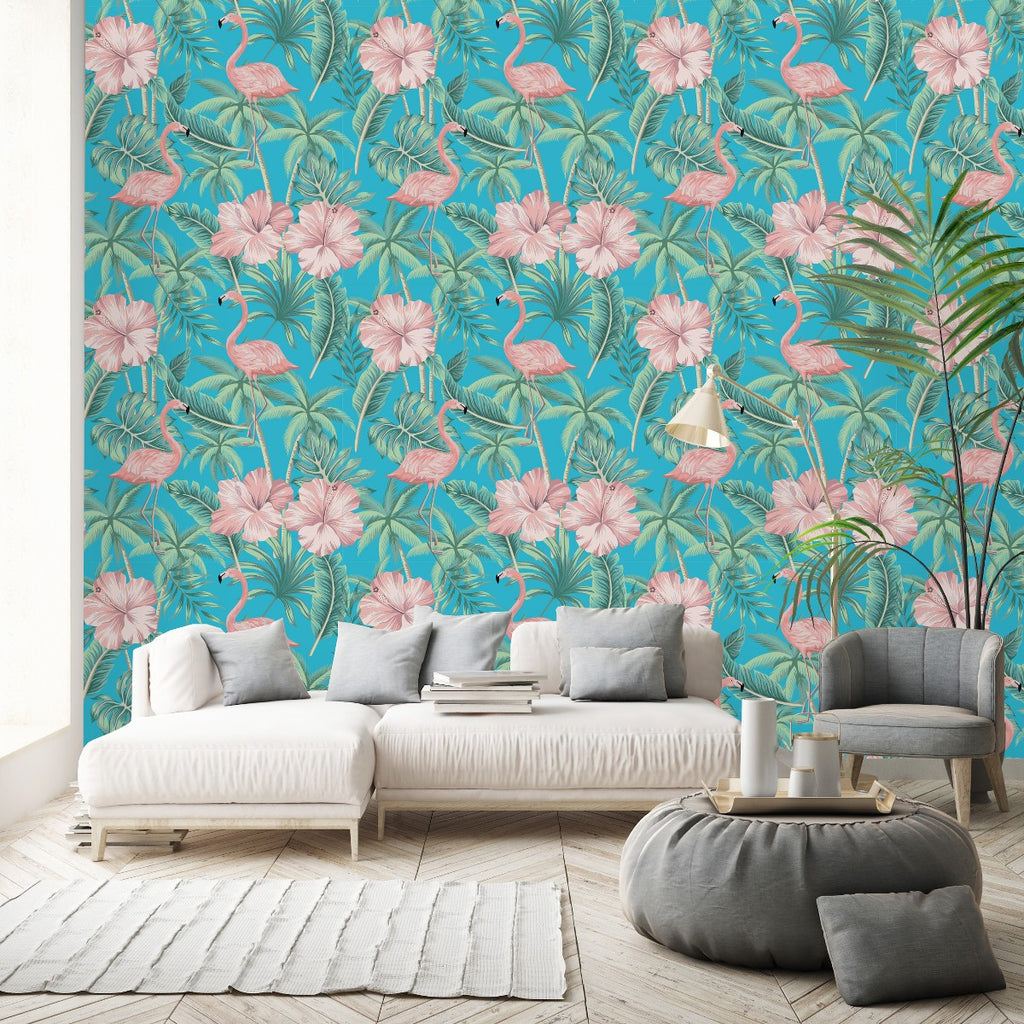 Blue Wallpaper with Pink Flamingos uniQstiQ Tropical