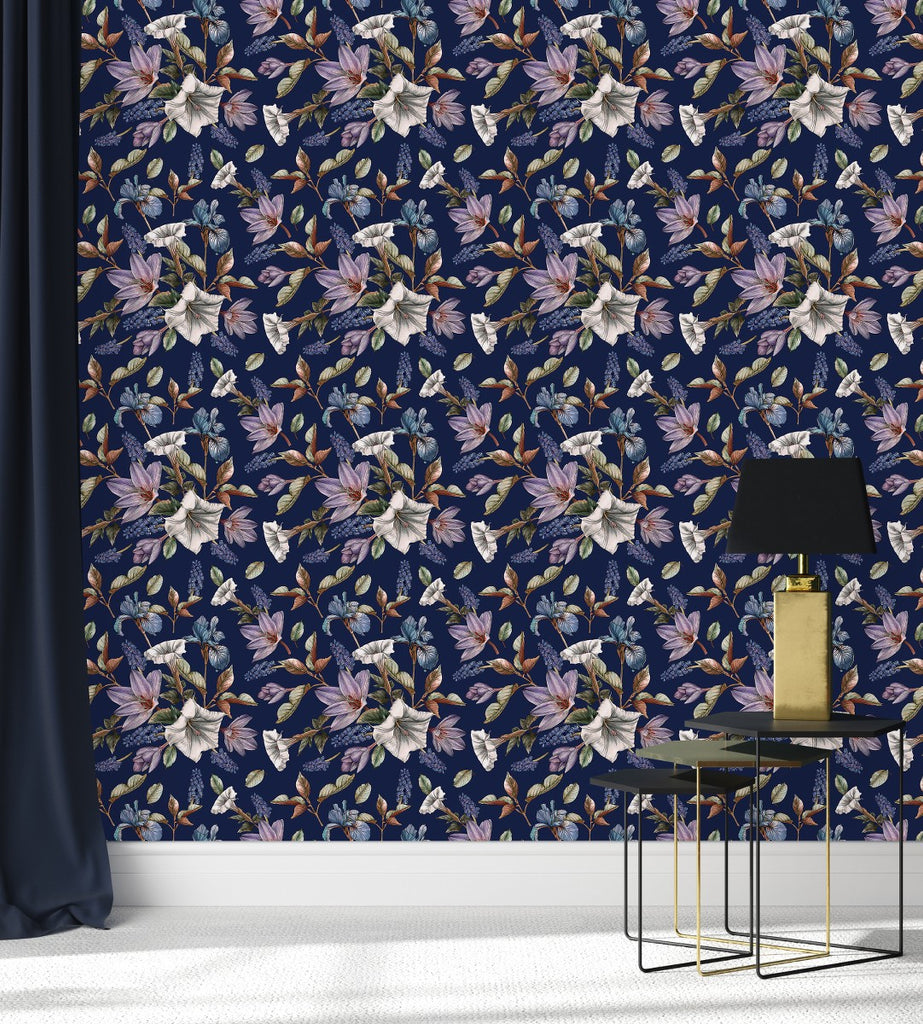 Dark Blue Wallpaper with Flowers uniQstiQ Floral