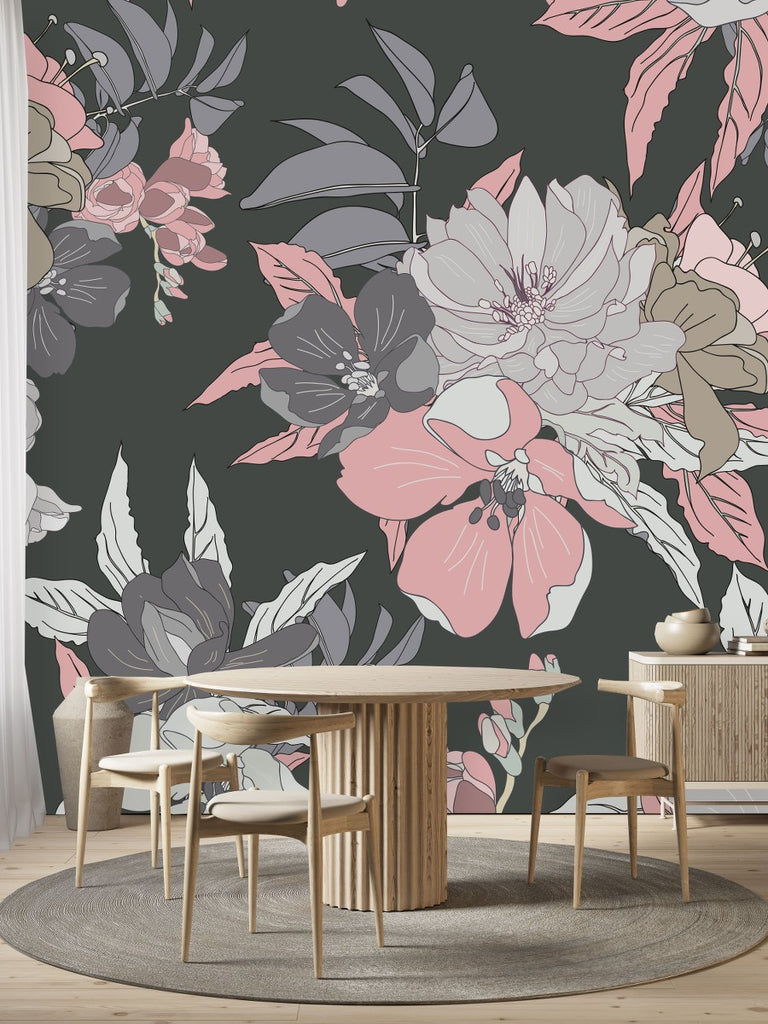 Grey Wallpaper with Pink Flowers  uniQstiQ Murals
